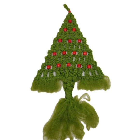 Macrame Crochet Handmade Christmas Tree Wall Hanging Red Beads Vintage - Picture 1 of 7